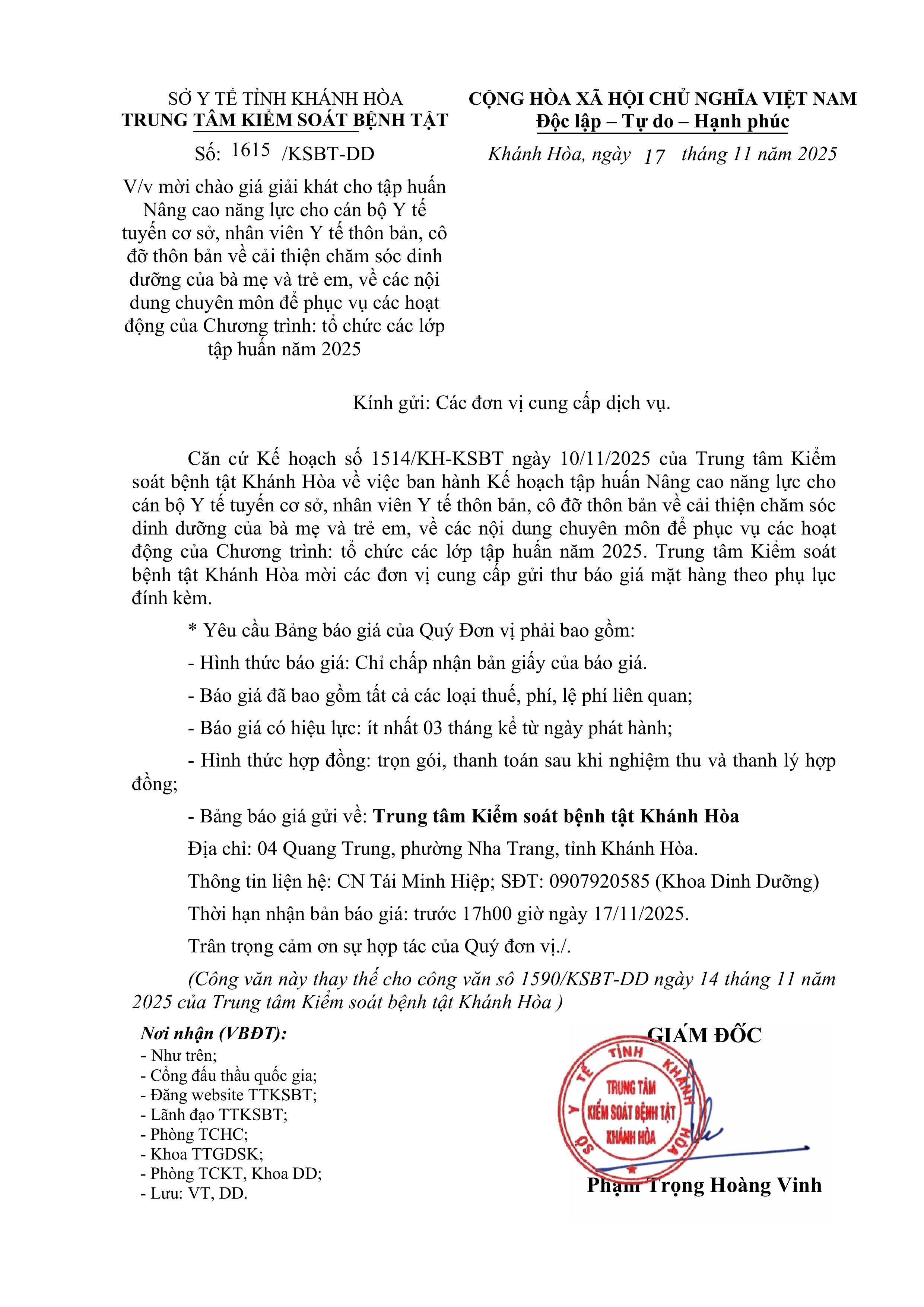 V/v mời chào giá giải khát cho tập huấn Nâng cao năng lực cho cán bộ Y tế tuyến cơ sở, nhân viên Y tế thôn bản, cô đỡ thôn bản về cải thiện chăm sóc dinh dưỡng của bà mẹ và trẻ em, về các nội dung chuyên môn để phục vụ các hoạt động của Chương trình: tổ chức các lớp tập huấn năm 2025